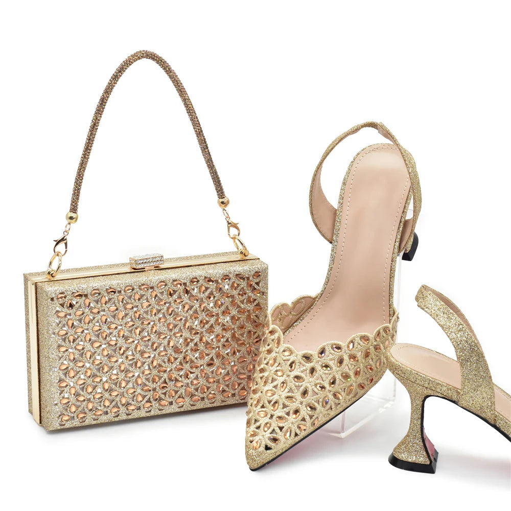 Gold Shoes and Bags Set for Women Ladies Shoe and Bag Set Latest Designers Pointed Toe Shoes Sexy Wedding Party Sandals