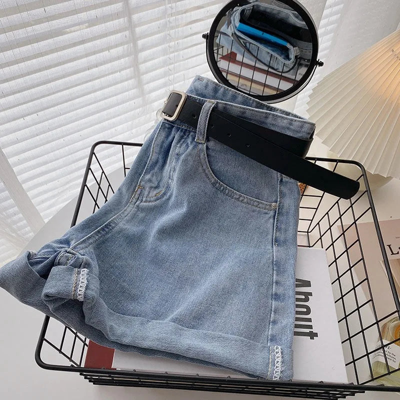 Wide Leg Denim Shorts With Belt Women Summer High Waist Pocket Hot Pants Streetwear Korean Fashion Casual Cowboy Jeans Shorts