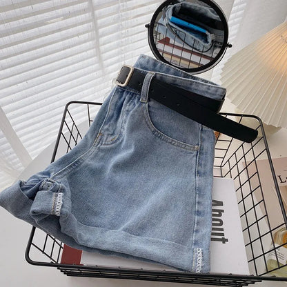 Wide Leg Denim Shorts With Belt Women Summer High Waist Pocket Hot Pants Streetwear Korean Fashion Casual Cowboy Jeans Shorts