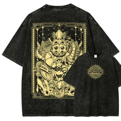 Classic Retro Shooting Game Bioshock Peripherals Graphic Print T-shirt Men Women New Harajuku Wind Tee Vintage Washed Cotton Top