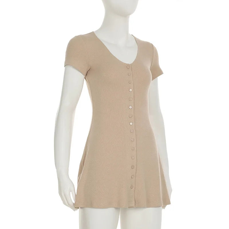 Summer Novelty Elegant Knitted Strapless Mini Dress For Women Short Sleeve V-Neck And Buttons Dresses Women's Street Clothing Ne