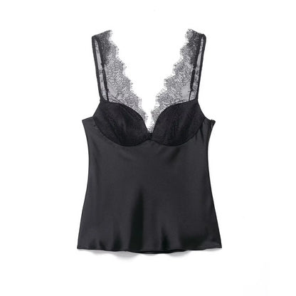 Elegant Women Lace Splice Sexy Satin Sling Tops 2026 Spring Summer Fashion Female V-Neck Backless Slimming Underwear Vest