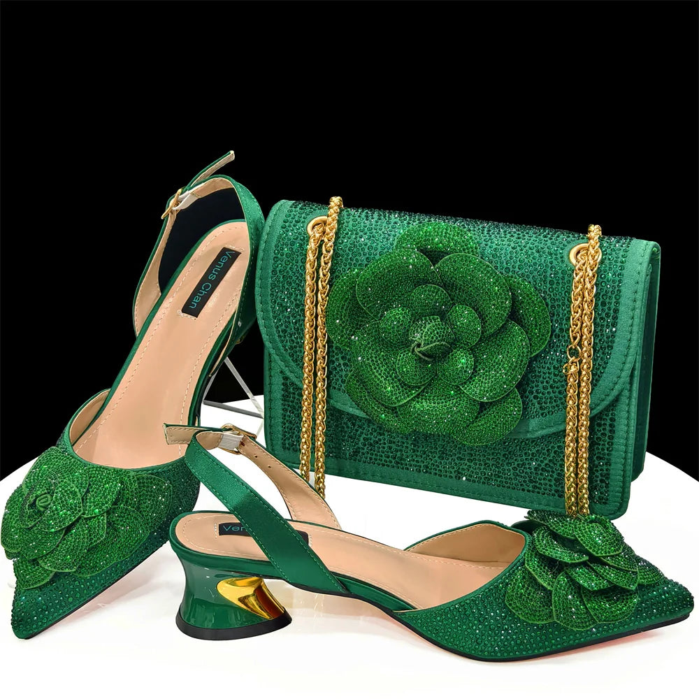 Fashion Ladies Evening Shoes And Bags Paired With Handmade Petal Wine Color Pointed Toe Mid-Heel Nigerian Women Party Shoes