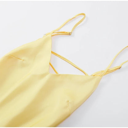 Yellow Satin Sling Dress Women Elegant V Neck Sleeveless Backless High Waist Maxi Dresses 2025 Summer Lady Party Evening Robes