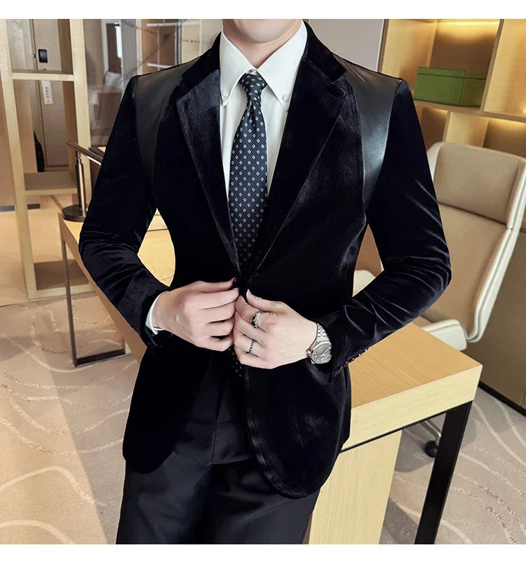 Autumn Winter New Men Mercerized Velvet Slim Fit Suit Coats Fashion Leather Splicing Casual Business Formal Party Tailcoat 4XL-M