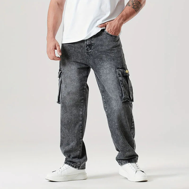 Korean Casual Comfortable Loose Fitting Jeans For Men Large Pocket Jeans Seasons Straight Leg Pants Work Pants