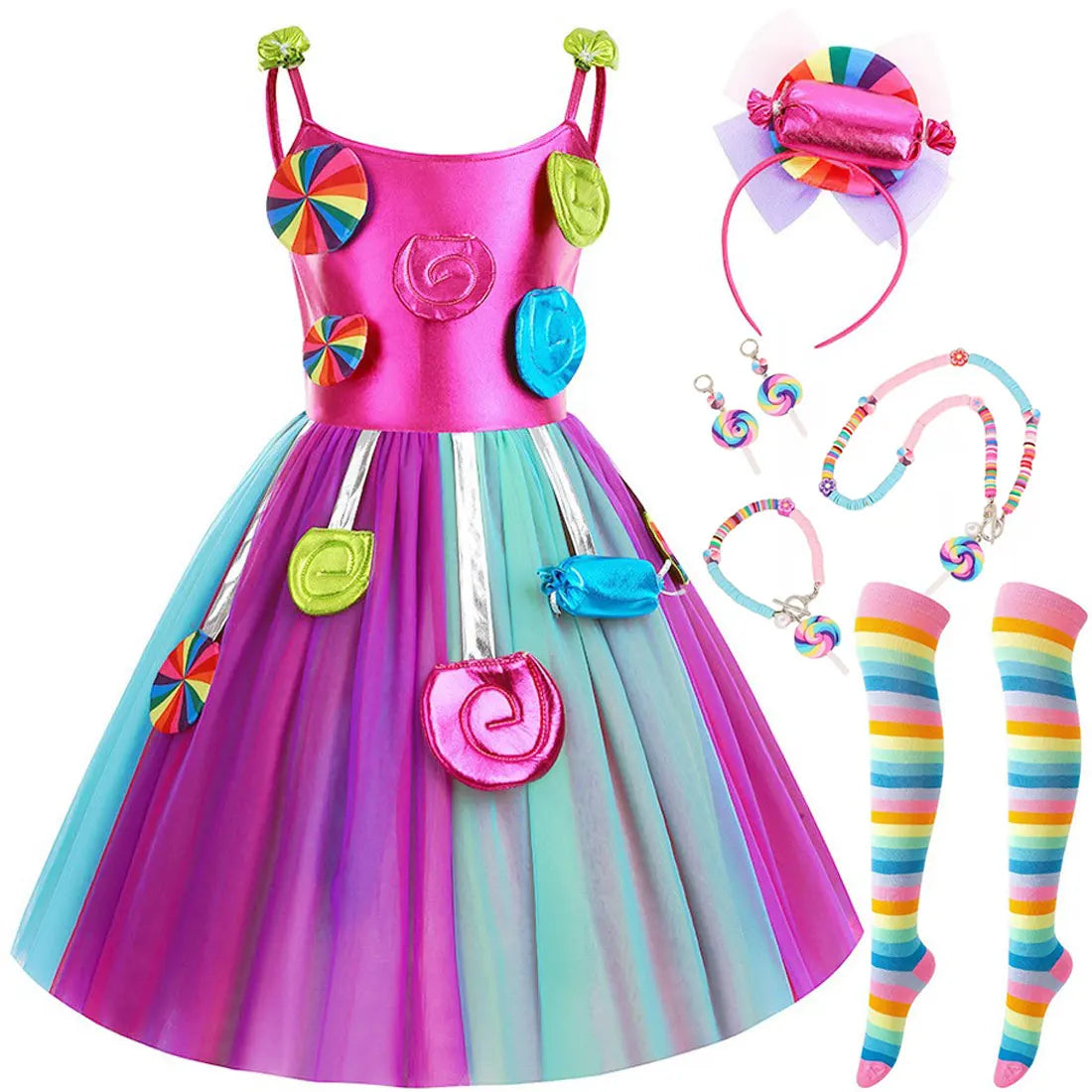 2025 Purim Festival Suspender Rainbow Dress For Girl Candy Lollipop Costume Party Gift Candy Dress + Lollipop Accessories Suit