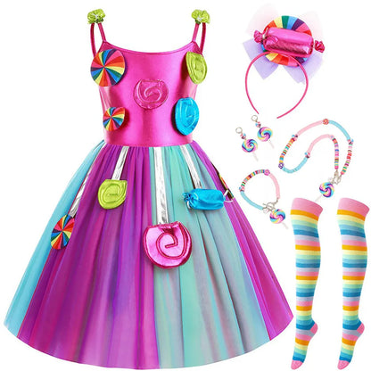 2025 Purim Festival Suspender Rainbow Dress For Girl Candy Lollipop Costume Party Gift Candy Dress + Lollipop Accessories Suit