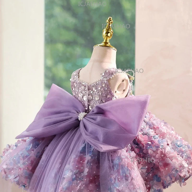 2026 Cute Sweet Purple Children Sleeveless Kids Host Princess Gown Costume Girls Birthday Party Dress Summer New Fashion Floral
