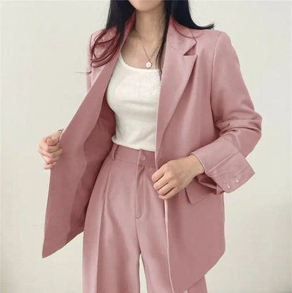 Casual Notch Lapel Suit Set with Button Thick Wide Leg Small Suit Pants High Waist Drape Polyester Business Lady Style Women