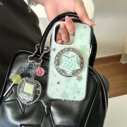 Fashion Mint Green Polka Dot Star Magnetic Stand Phone Case For iPhone 17 16 Pro 15 14 Pro Max Cover For Magsafe Cases Cute Capa