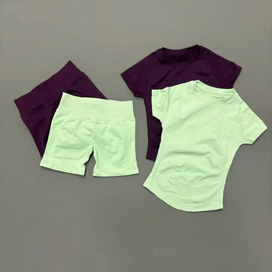 2 Pcs Sports Set Women Seamless Solid Color Short Sleeve Yoga Top Slim Fit Shorts Suit Gym Fitness Running Workout Sports Sets