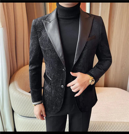 2025 Fashion Leather Neck Spliced Suit Jacket Luxury Men's Business Slim Fit Social Formal Blazers Coats Wedding Groom Tuxedos