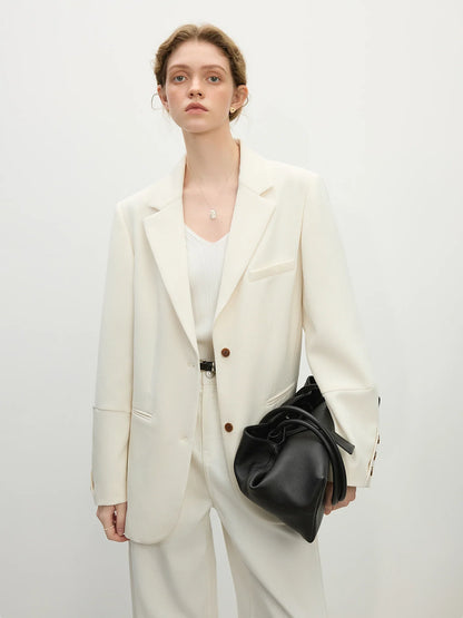 Women Beige Blazer Coats 2025 Spring New Casual Commuter Loose Blazer Notched Collar Single Breasted Jackets 25FS11064