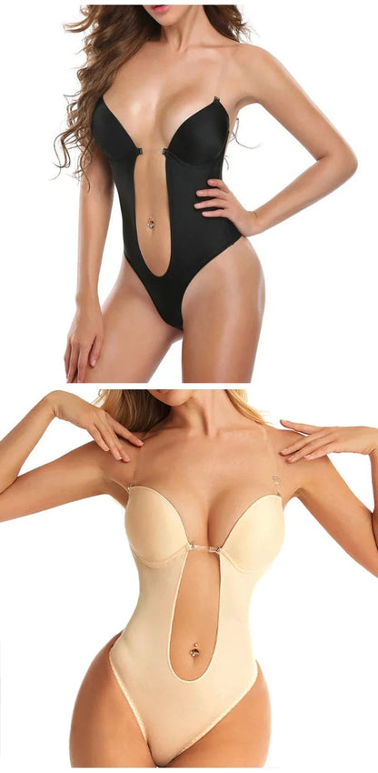 One-Piece Deep V-Neck Push Up Body Shapewear Bodysuit Women's Thong Bottom Underwear Slimming U-Shaped Low Back Backless Corset
