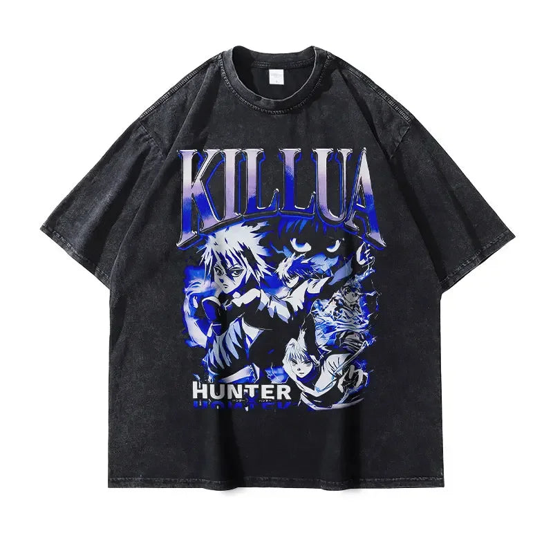 T-shirts Vintage Washed Anime Hunter T Shirt Oversize Manga Killua Zoldyck Gon Hisoka Chrollo Tops Tees Men 100% Cotton