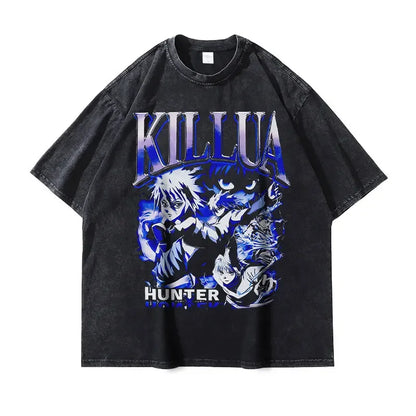 T-shirts Vintage Washed Anime Hunter T Shirt Oversize Manga Killua Zoldyck Gon Hisoka Chrollo Tops Tees Men 100% Cotton