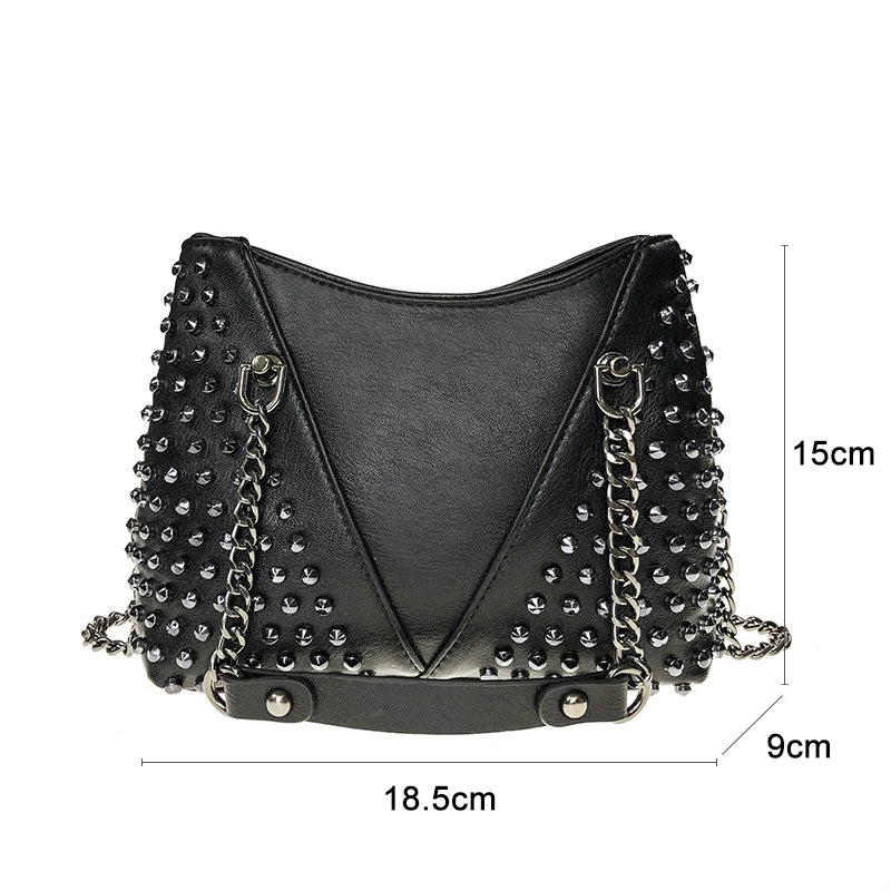 Studded Shoulder Bag for Women Leather Punk Style Rock Rivet Crossbody Bag Handbag with Chain Wallet Purse for Girls