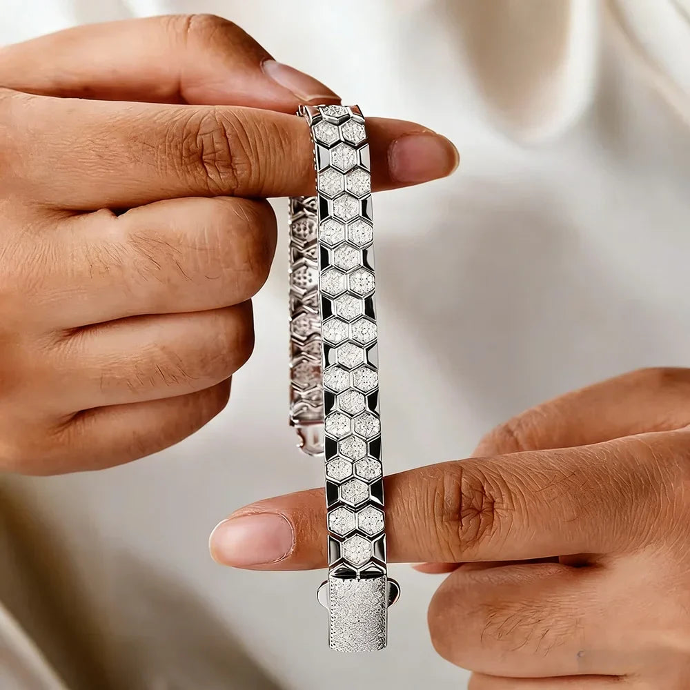 Full Moissanite Bracelet for Men Woman Lab Diamond with GRA Certified Unique Honeycomb Design S925 Sterling Silver Party Jewelry