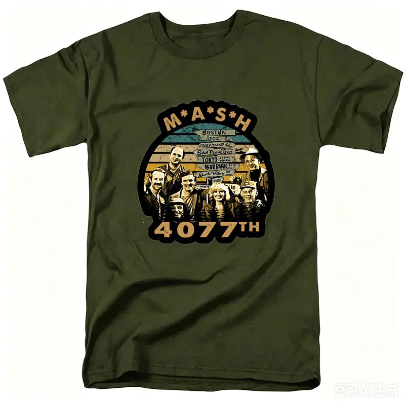 Mash Distressed Logo T Shirt Mens 4077 Licensed Classic TV Show Militarryy Green2026 High quality Brand Casual