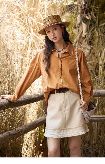Women's 100% Cotton Shirt 2025 Autumn Korean Lapel V-neck Single Breasted Tops Lace Trim Shirts Office Lady MXE43C2377