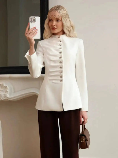 Women 2026 Spring Autumn Mandarin Collar Blazer Ruched Front Multi Row Buttons Long Sleeve Fit Formal Office Outerwear Coat