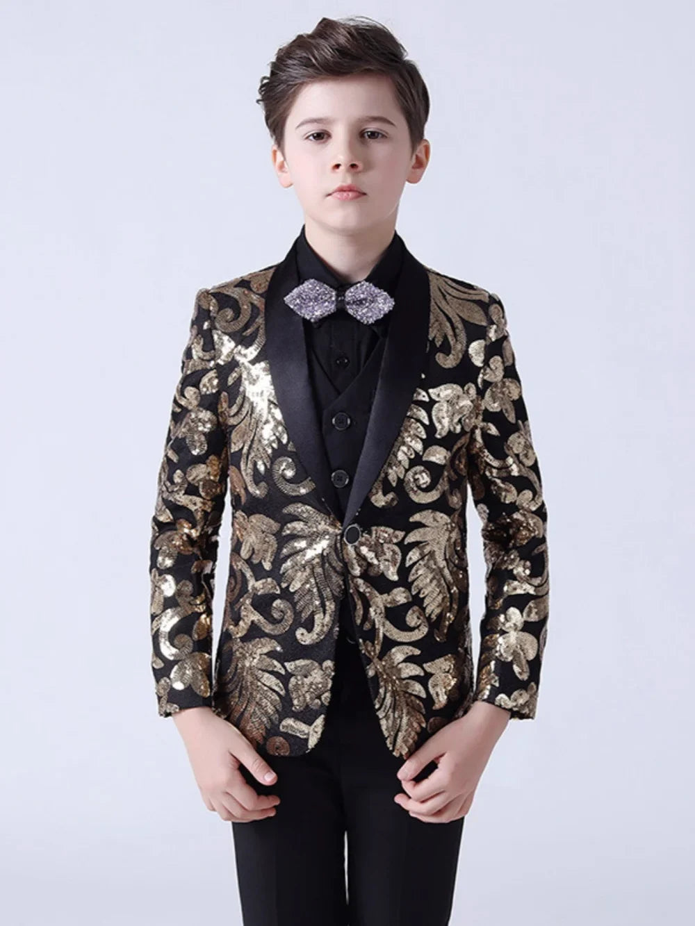 Golden Sequins Kids Suit Set 4 Pieces Wedding Ring Bearer Outfit Luxurious Shawl Lapel Boys Slim Fit Suits For Stage Performance