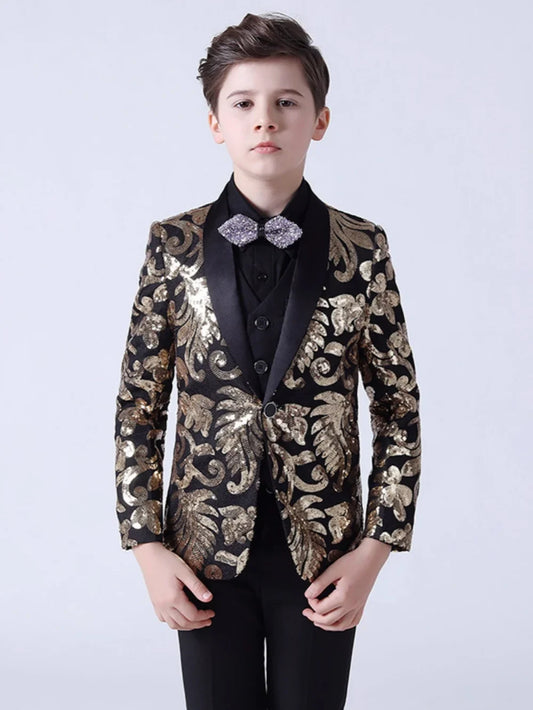 Golden Sequins Kids Suit Set 4 Pieces Wedding Ring Bearer Outfit Luxurious Shawl Lapel Boys Slim Fit Suits For Stage Performance