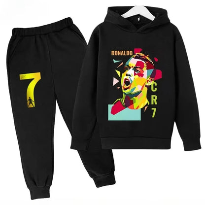 Sweatshirt Pants 2-piece Set for Boy and Girl Kid Sports Hoodie Set Ronaldo Avatar Printed Children Clothes Baby Set Sportsuit