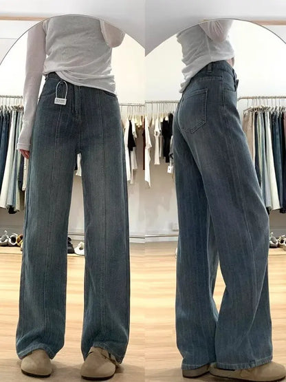 Retro Texture Wide Leg Denim Pants Loose Drapey Straight Long Trousers for Women High Waist Zipper Closure Casual Sle