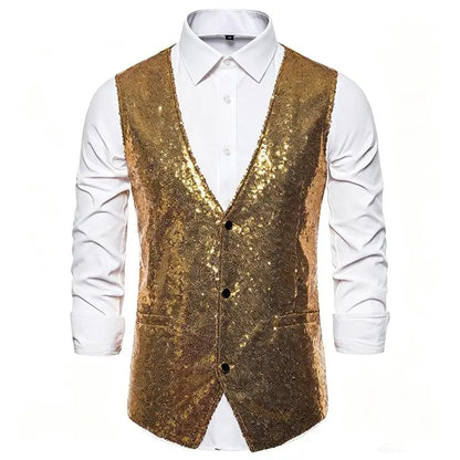 Shiny Sequin Men's V Neck Vest Single Breasted Suit Gilet Waistcoat for Wedding Prom Party Club Nightclub DJ Stage Performance