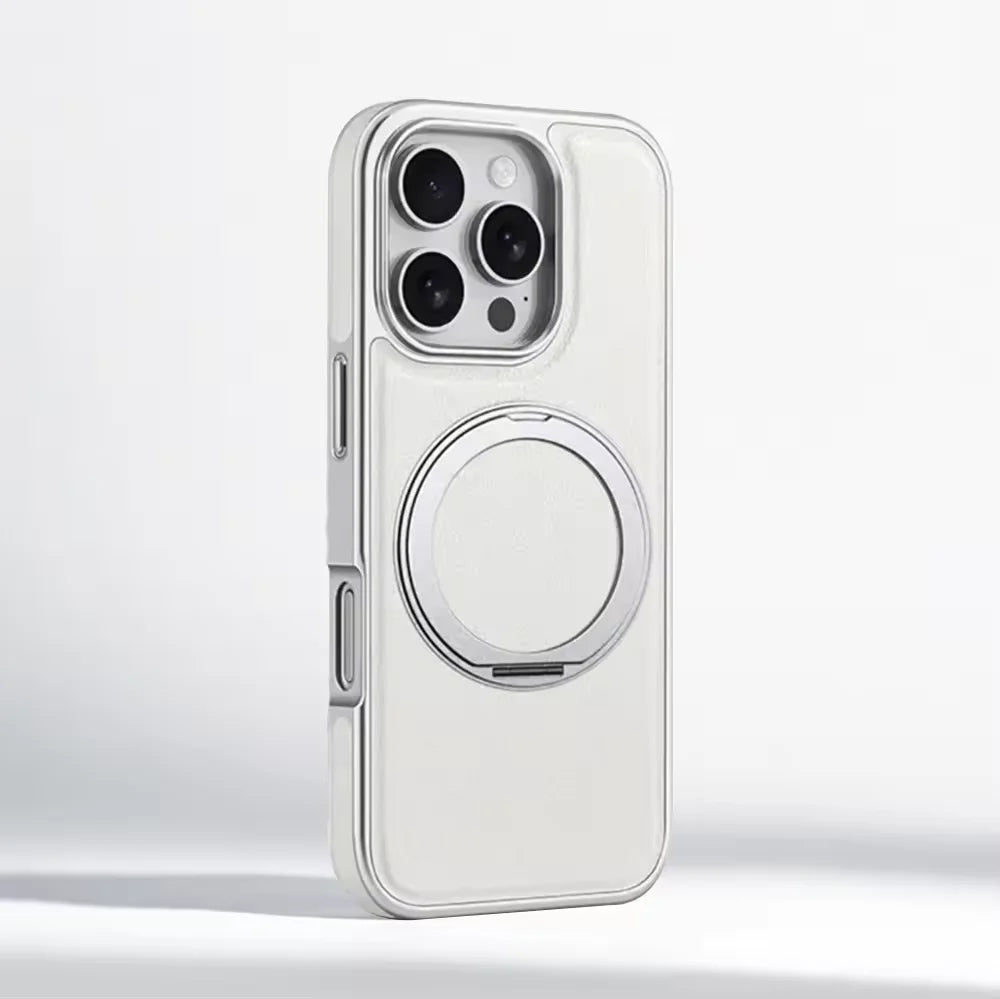 Business Plating Frame 360 Alloy Stand Holder Leather Magnetic Case For iPhone 16 15 14 13 Pro Max Shockproof Cover For Magsafe