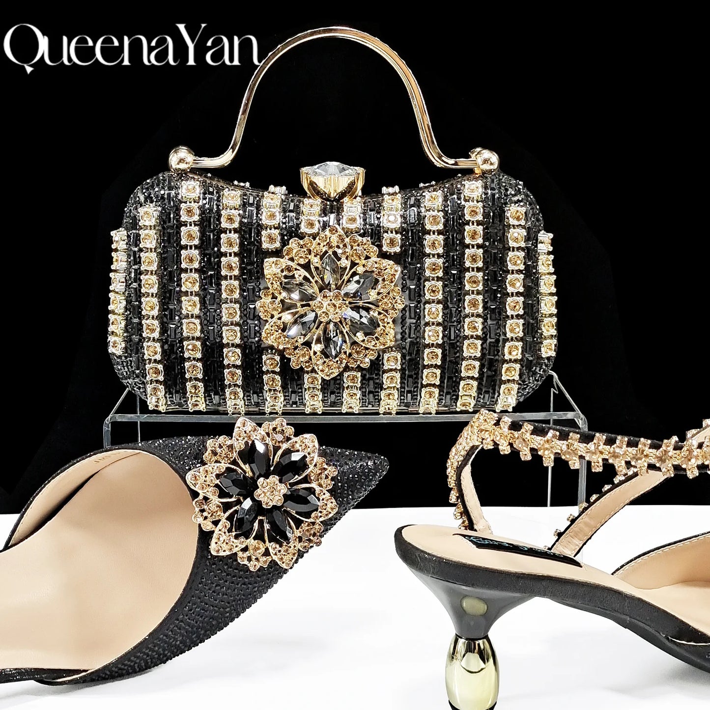 2024 Party Perfection: Rhinestone-Embellished Heels and Gold Mini Bag for Elegant Nights