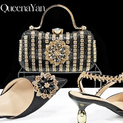 2024 Party Perfection: Rhinestone-Embellished Heels and Gold Mini Bag for Elegant Nights