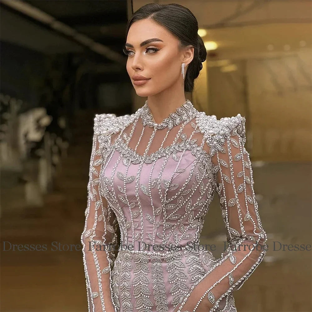 Luxury Dresses for Party Satin Sheath/Column Celebrity Dress Taro Pur High Collar Beads Side Split Evening Dress Long 2025