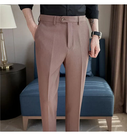 2024 New Men's Slim Fit Tapered Dress Pants Apricot Pearlescent Texture Business Casual Suit Trousers Spring Clothes