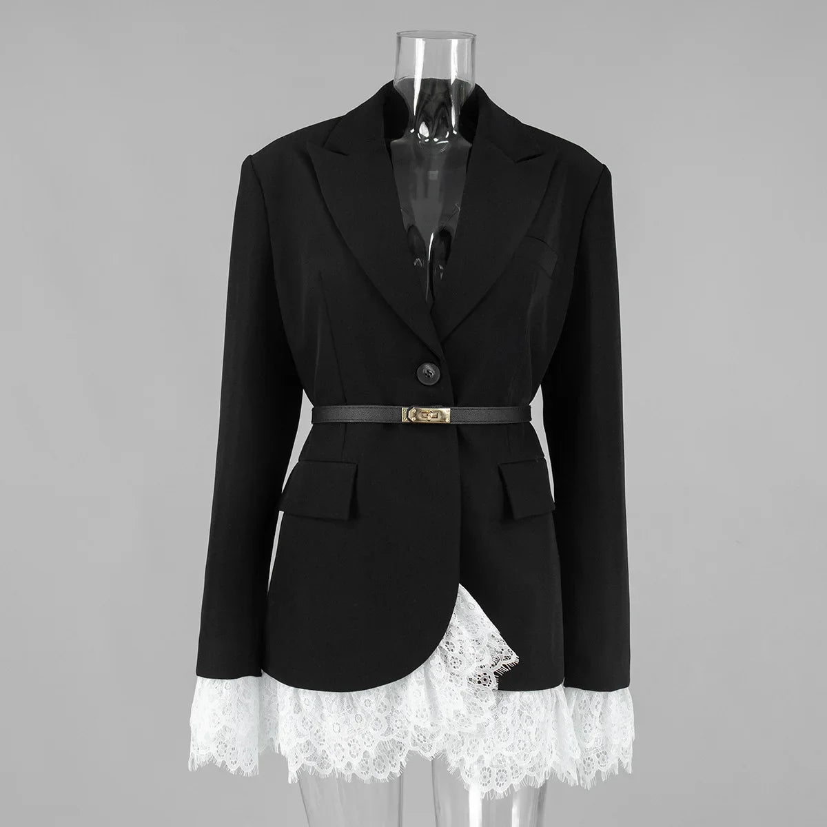 Spring Autumn Elegant Lace Splicing Blazer V-Neck Oversized Black Coat Chic Streetwear Women