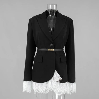 Spring Autumn Elegant Lace Splicing Blazer V-Neck Oversized Black Coat Chic Streetwear Women