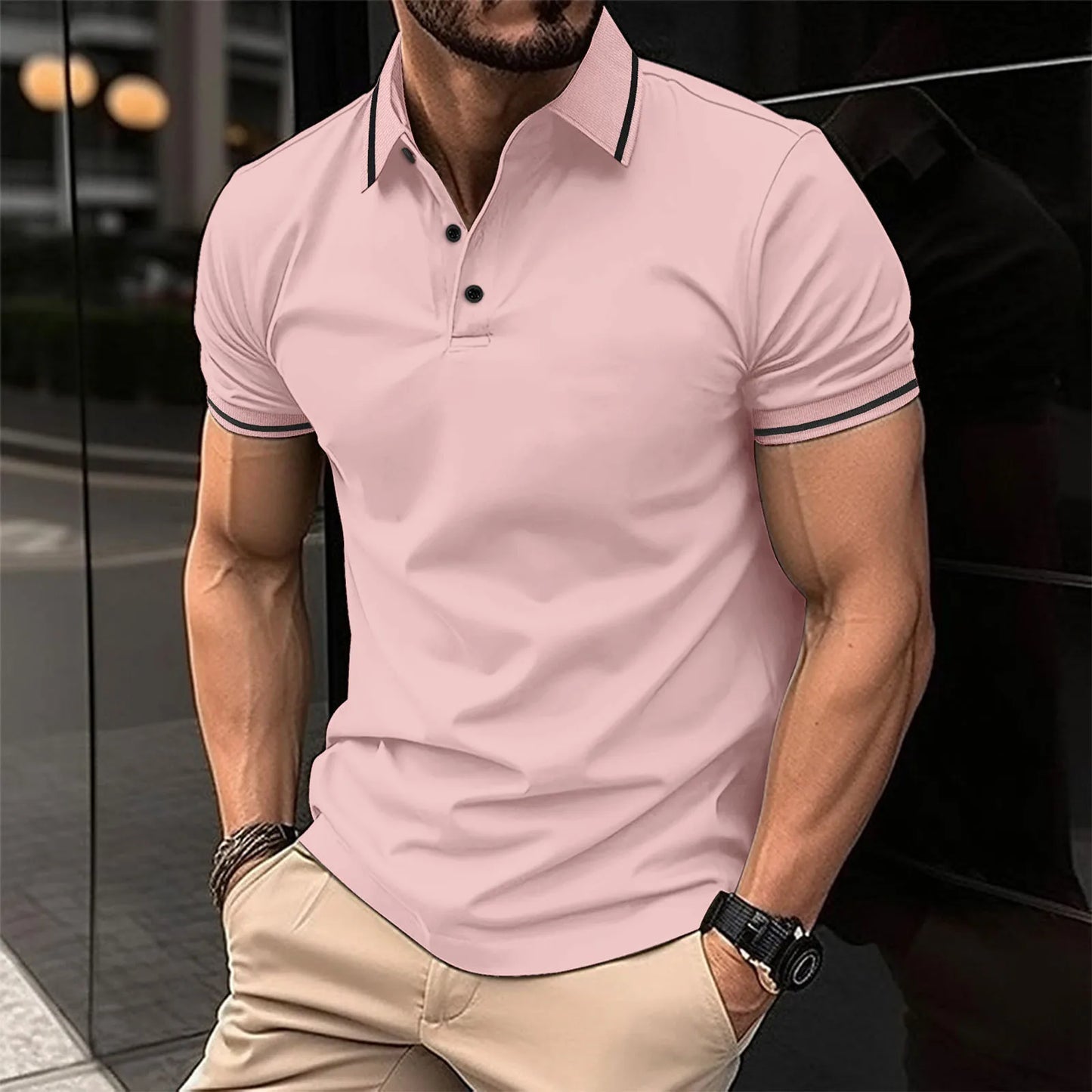 Summer Men'S Shirt, Unbuttoned Ribbed Collar Polo, Sporty Loose Short Sleeves, Basic Style, Comfortable And Breathable, Casual T-Shirt