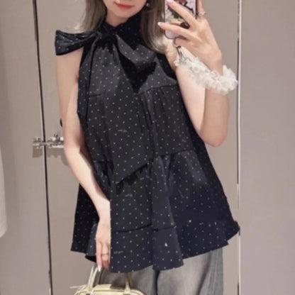 Hit Color Polka Dot Blusas Bow Bandage Woman 2026 Shirts Blouses Summer Sleeveless Ropa Mujer Japan Style Camisas Clothing