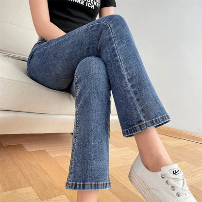 Women Fashion Flare Jeans Winter Streetwear Y2K Straight Pants Ankle Length Denim Jeans Girls Party Casual Retro Blue Trousers