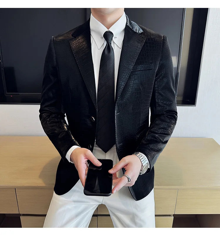 New High Quality Crocodile Stripe Slim Fit Leather Jacket Classic Business Casual Slim Fit Men Blazer Tuxedos Men Clothing 4XL-M