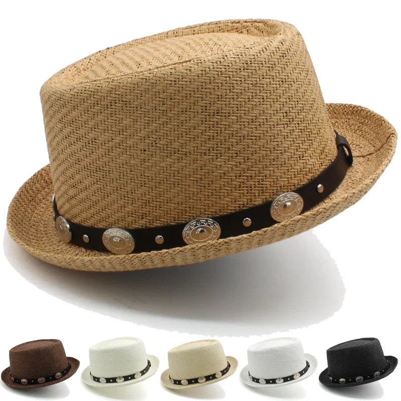 Men Women Straw Pork Pie Hats Summer Sunhat Boater Caps Sailor Sombrero Beach Fedora Trilby Outdoor Travel US Size 7 1/4 UK L