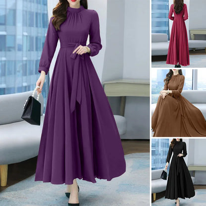 Women Long Sleeve A-line Sundress Spring Long Dress Autumn Solid Party Holiday Maxi Dresses Vestidos Femme Vintage Robe