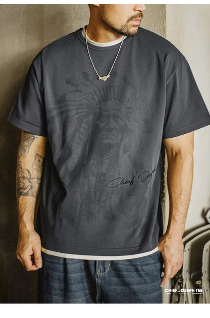 Vintage Navajo Print Short Sleeve T-Shirt Men's Summer Heavyweight Cotton Tee Letter Embroidered Loose Fit Crew Neck Tops