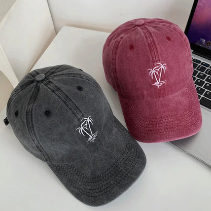 New Unisex Washed Cotton Cap Coconut Tree Embroidery Vintage Baseball Cap Men Women Casual Outdoor Dad Hats