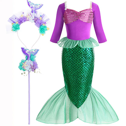 Christmas Holiday Birthday Party Mermaid Princess Same Style Girl Ariel Cosplay Long Sleeve Mermaid Dress Accessory Suit
