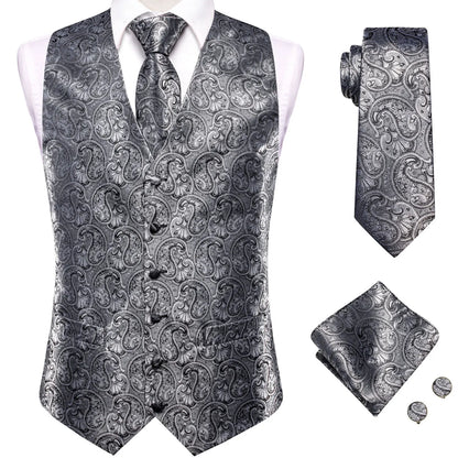 Luxury Mens Waistcoat Tie Set White Black Gray Silver Brown Sleeveless Jacket Suit Vest Necktie Hanky Cufflinks Gift