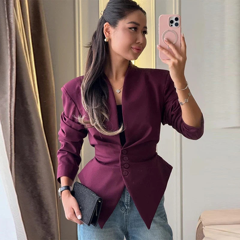 Chic Pleated Waist Cinched Women's Jacket V Neck Single Breasted Lace Up Blazer Coat Lady 2026 Casual Slim Commute Outerwear