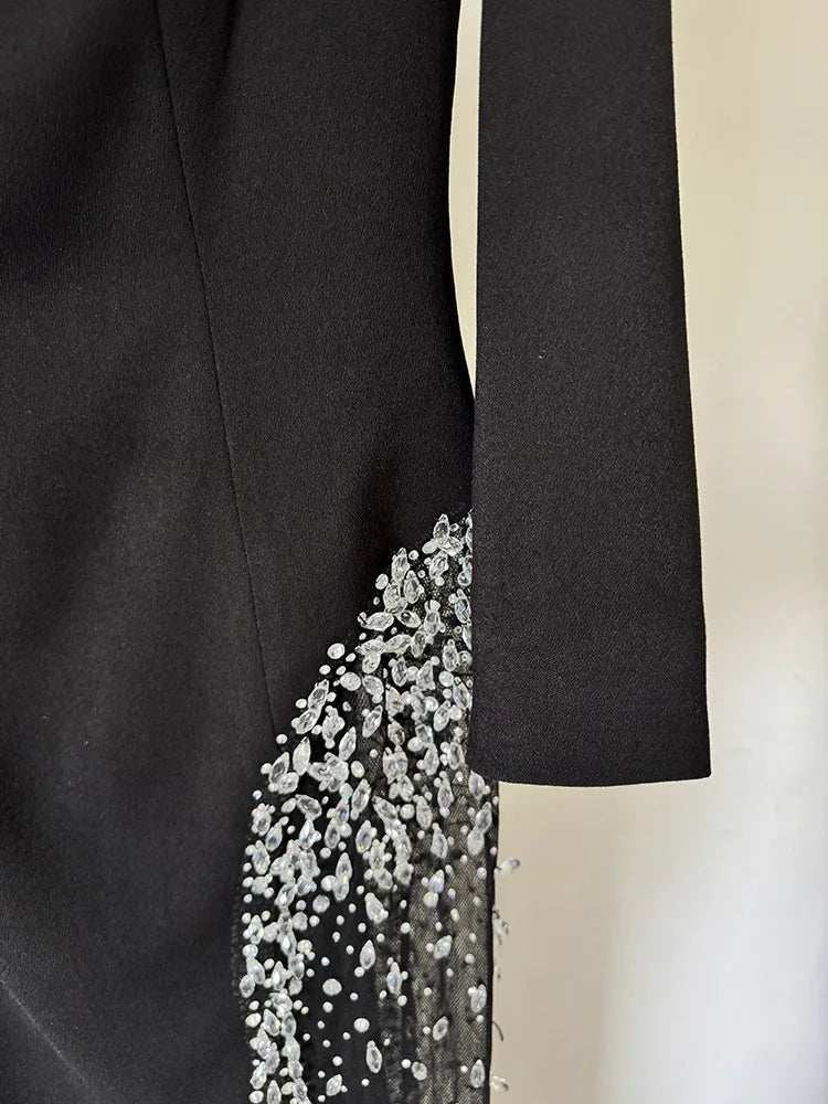 HIGH STREET Newest 2026 Designer Vestido Women's Diamonds Beaded Slash Neck Off The Shoulders Patchwork Gauze Long Maxi Dress